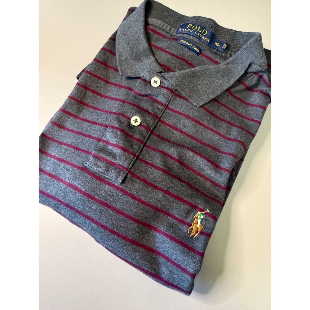 Polo Ralph Lauren Pima Soft Touch Grey Burgundy Striped Polo Shirt Mens XL